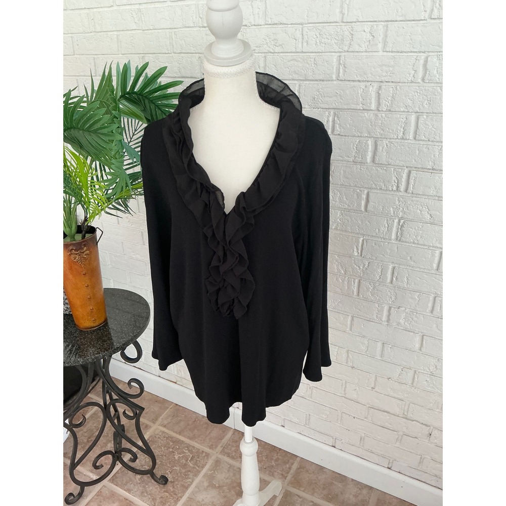 Oscar de la Renta Ruffle Neck Sweater Women 3X Black Excellent V-Neck Pullover